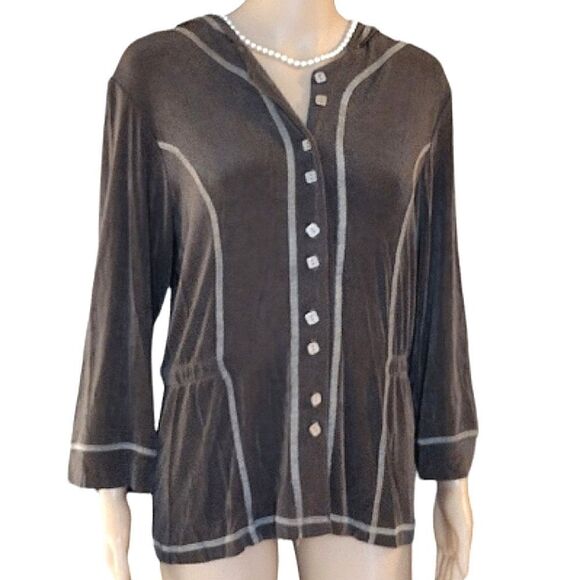 Coldwater Creek Women's Size Medium Stretchy Taupe Button up Jacket with Hoodie - Picture 1 of 13